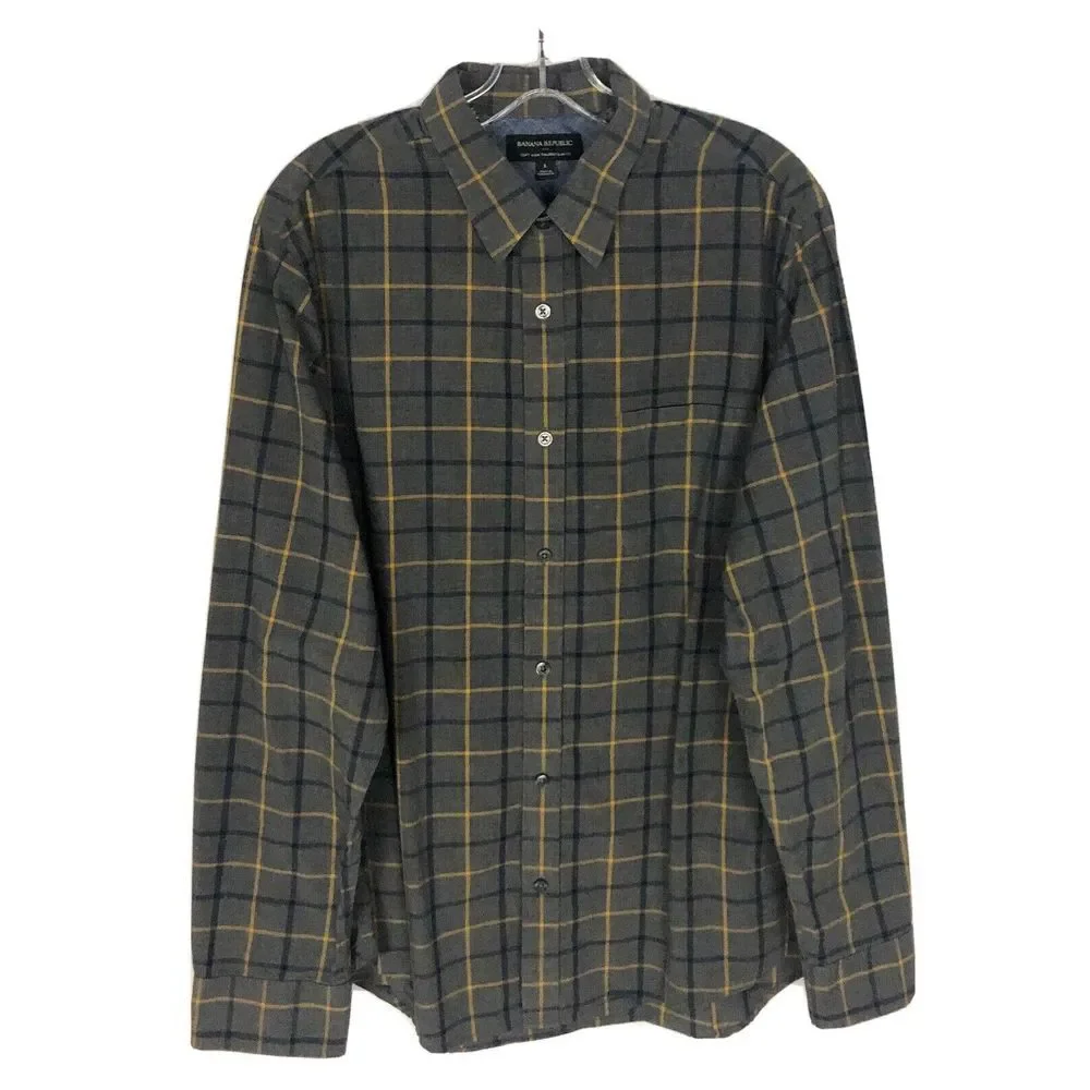 Banana Republic Soft Wash Tailored Slim Fit Shirt Size L Mens‎ Gray Plaid Cotton